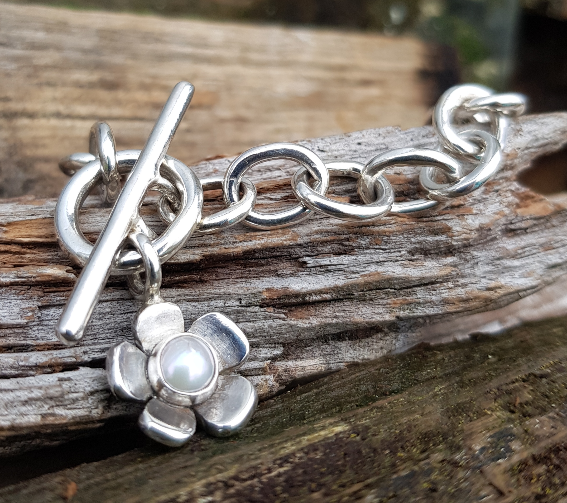 Chunky Bracelet with Pearl Flower Charm